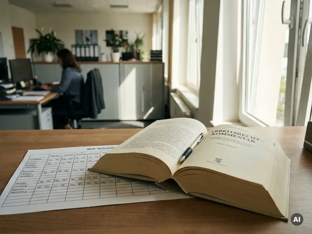 Aufgeschlagenes Arbeitsgesetzbuch neben einem Schichtplan auf einem Büroschreibtisch, Stift quer über den Seiten, natürliches Fensterlicht.