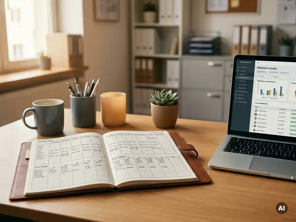 HR-Schreibtisch mit aufgeschlagenen Dienstplänen, Wochenschichten auf Papier und Laptop mit HR-Software in warmem Naturlicht.