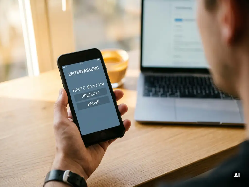 Smartphone mit digitaler Zeiterfassungs-App in der Hand, moderner Büroschreibtisch mit Laptop und Kaffeetasse im Hintergrund.