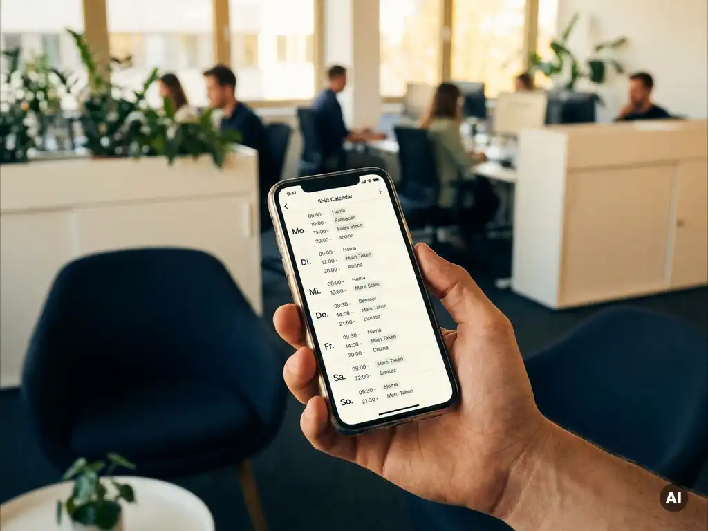 Hand einer Fachkraft hält Smartphone mit digitalem Schichtplan, modernes HR-Büro mit Kollegen im unscharfen Hintergrund.