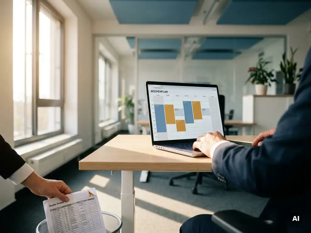 HR-Managerin prüft farbcodierten digitalen Wochendienstplan auf modernem Laptop in hellem Büro, gedruckter Schichtplan daneben.