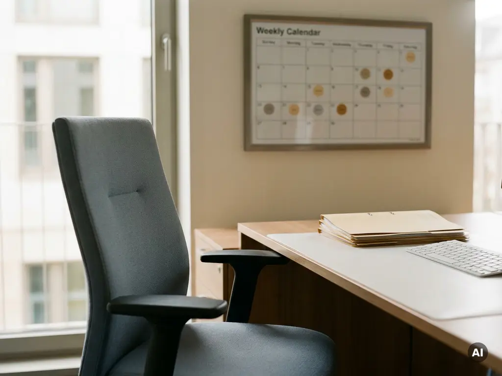 Leerer Bürostuhl vor dem Schreibtisch eines HR-Managers mit Personalakten, Tastatur und Wochenkalender an der Wand.