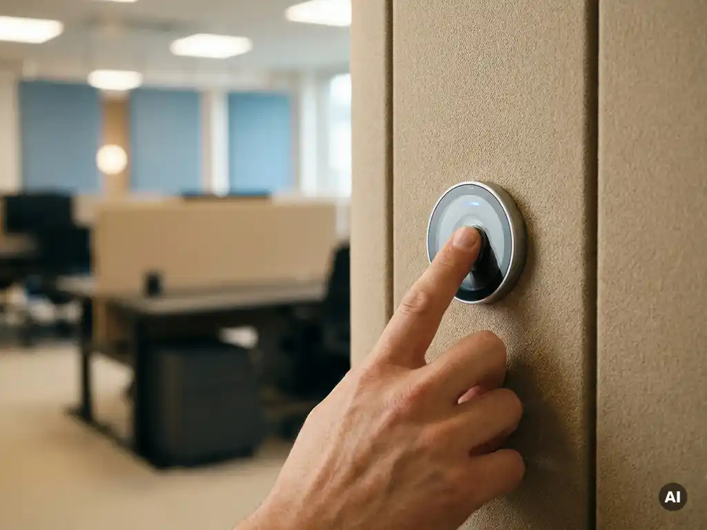 Hand drückt auf einen Fingerabdruckscanner an einer modernen Bürowand, HR-Arbeitsbereich im Hintergrund unscharf.