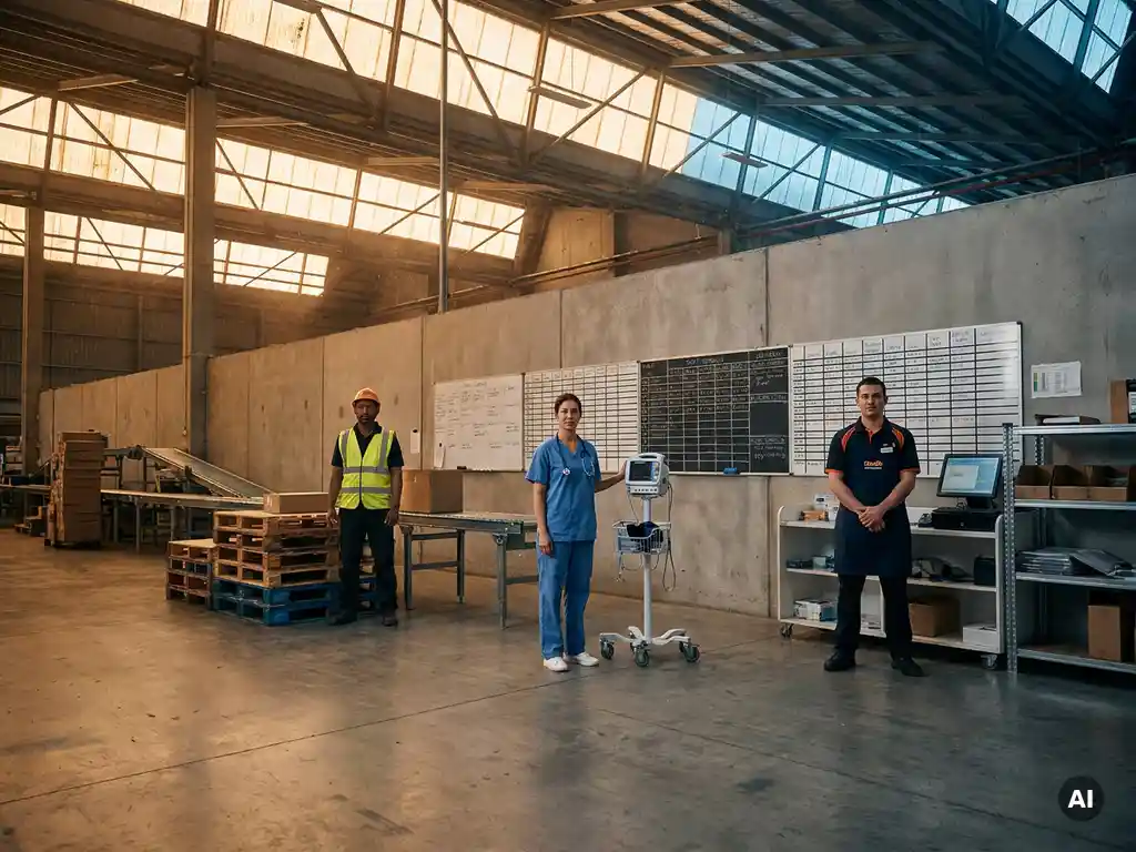 Krankenschwester, Lagerarbeiter und Einzelhandelsangestellte in einer gemeinsamen Industriehalle mit Schichtplänen an der Wand.