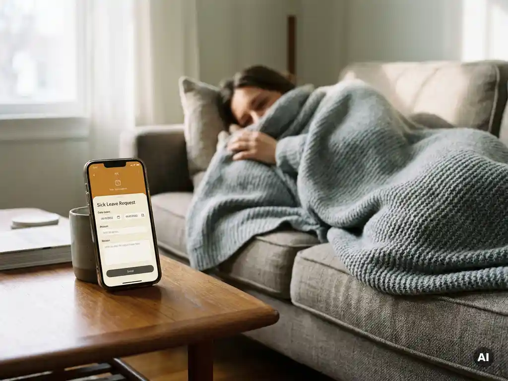 Person auf Sofa in Decke gehüllt; Smartphone auf Couchtisch zeigt digitales Krankmeldungsformular in HR-App.