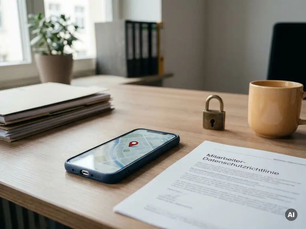 Smartphone mit Live-Karte und Standortpin auf einem HR-Schreibtisch neben einem Datenschutzdokument und einem Vorhängeschloss.