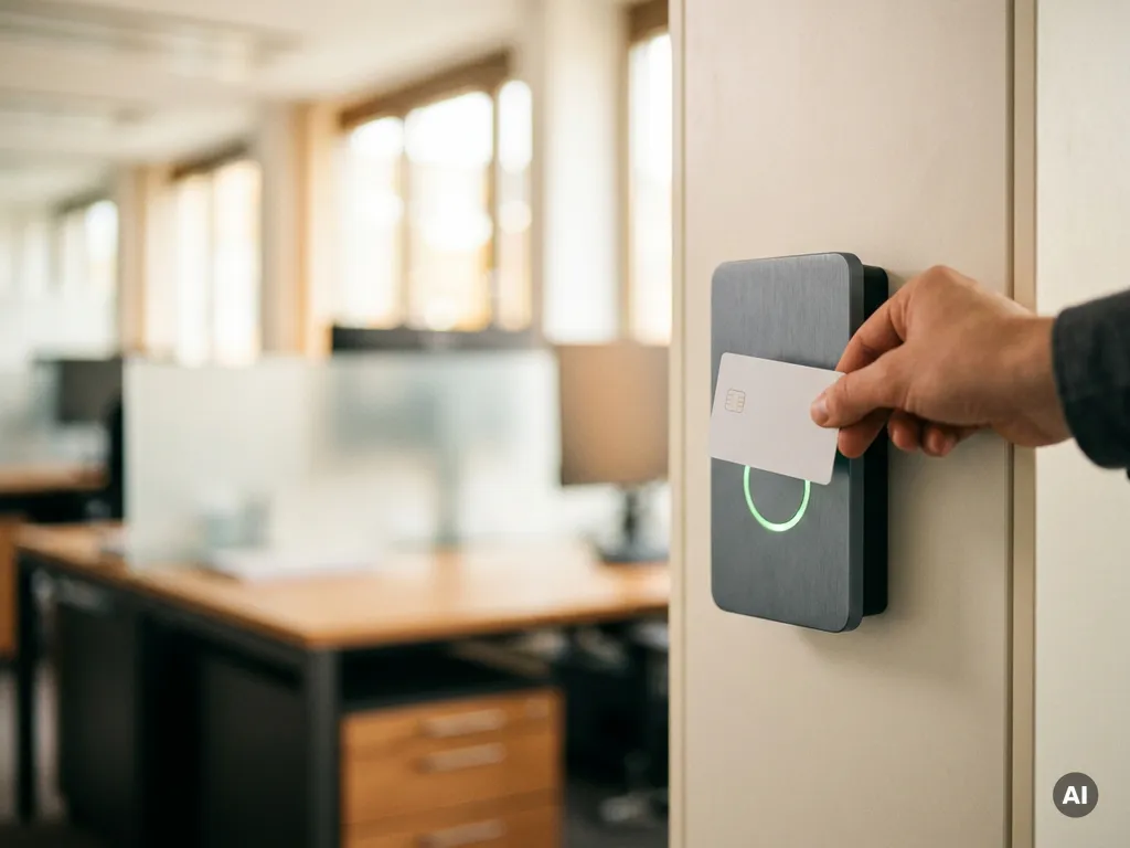 Weiße NFC-Karte wird an modernes Zeiterfassungsterminal mit grünem Bestätigungslicht in deutschem Büro gehalten.