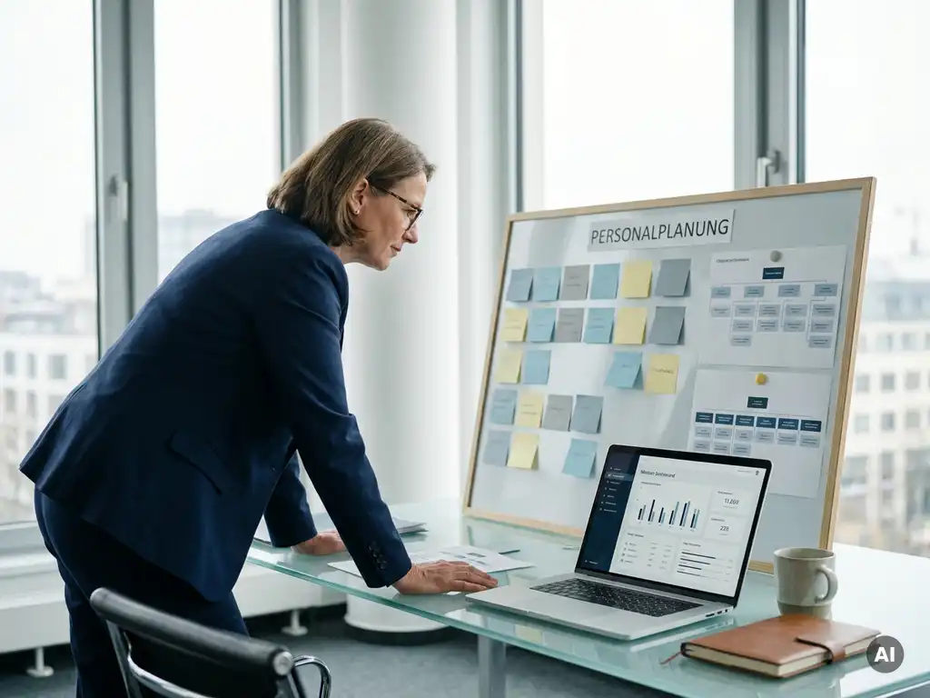 HR-Managerin analysiert Personalplanungsboard mit farbigen Haftnotizen und Dienstplänen an modernem Glasschreibtisch mit offenem Laptop.