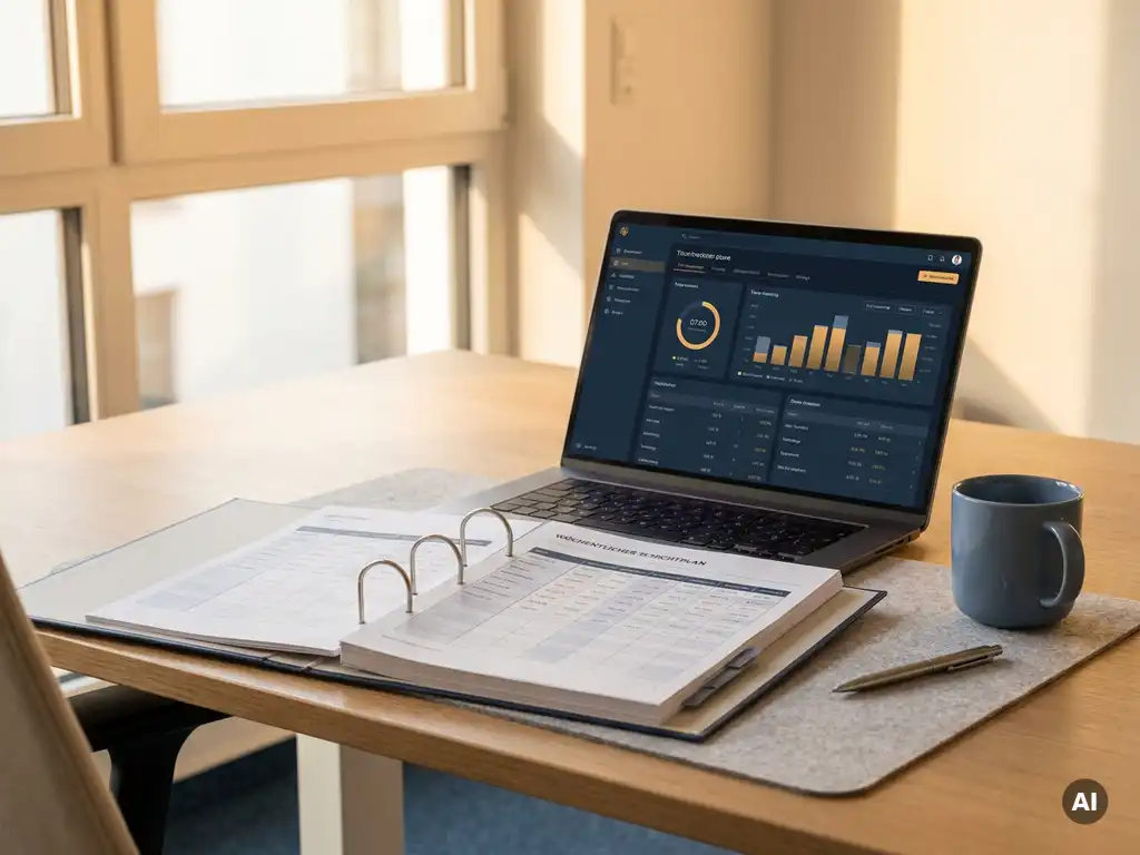 HR-Manager-Schreibtisch mit gedrucktem Schichtplan, Laptop mit Zeiterfassungs-Dashboard, Kaffeebecher und Stift im warmen Bürolicht.