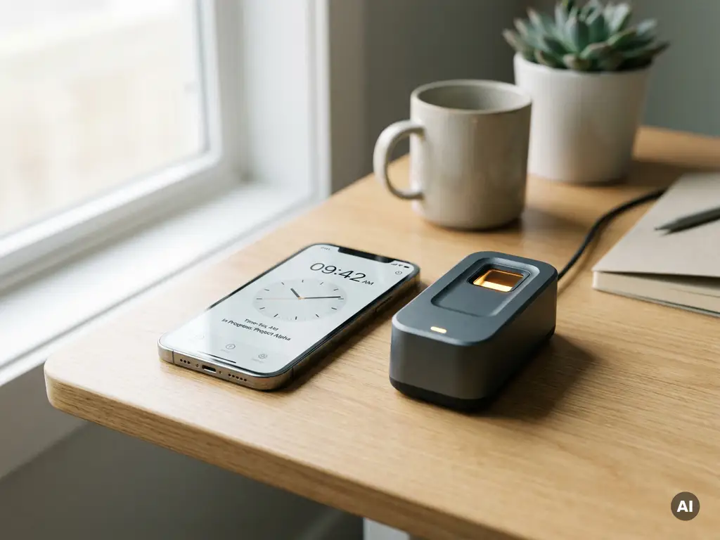 Smartphone mit digitaler Zeiterfassungs-App neben einem biometrischen Fingerabdruckterminal auf modernem Büroschreibtisch.