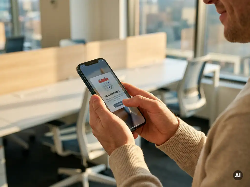 Mitarbeiter reicht Urlaubsantrag per Smartphone ein, modernes deutsches Büro mit warmem Sonnenlicht im Hintergrund.