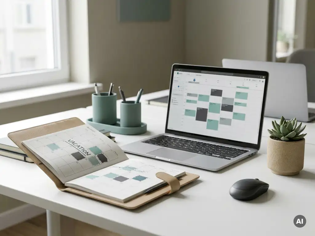 HR-Schreibtisch mit geöffnetem Kalenderplaner, markierten Urlaubstagen und Laptop mit Dienstplan, natürliches Seitenlicht, Sukkulente.
