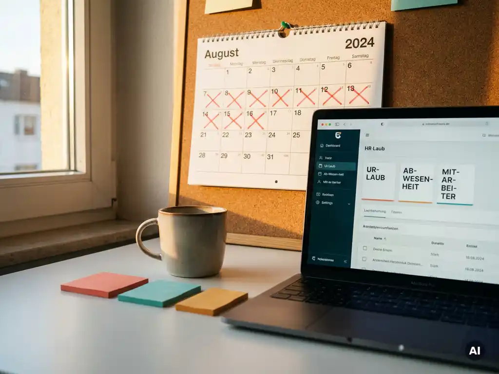 Aufgeräumter Büroschreibtisch mit Wandkalender, markierten Urlaubstagen und HR-Software auf Laptop-Bildschirm im warmen Nachmittagslicht.