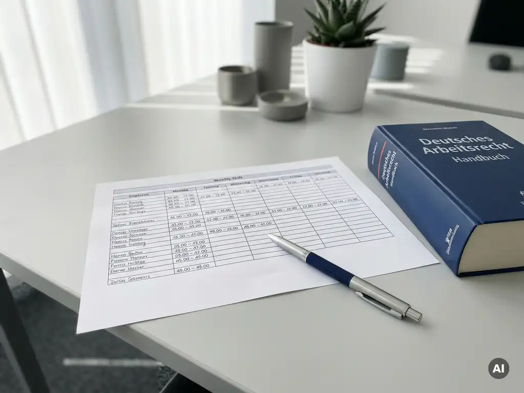 Wochendienstplan auf weißem Papier neben deutschem Arbeitsrechts-Handbuch, Kugelschreiber diagonal darüber, natürliches Licht auf modernem Schreibtisch.