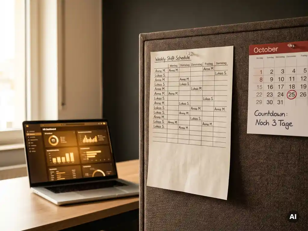 Gedruckter Wochendienstplan an Korkwand, daneben rot markiertes Kalenderdatum, HR-Software-Dashboard auf Laptop im Hintergrund.