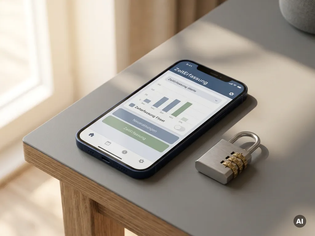 Smartphone mit Zeiterfassungs-App auf modernem Büroschreibtisch, daneben ein Kombinationsschloss als Symbol für Datenschutz.