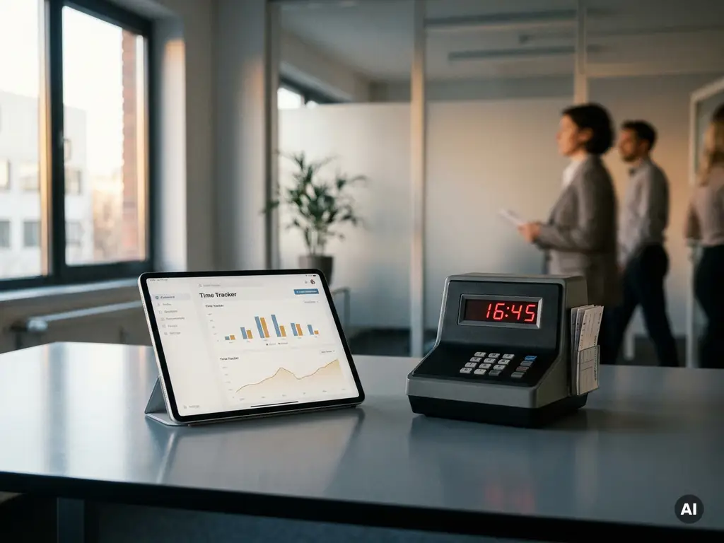 Moderner HR-Schreibtisch mit digitalem Zeiterfassungs-Dashboard auf Tablet neben elektronischer Stempeluhr in deutschem Büro.