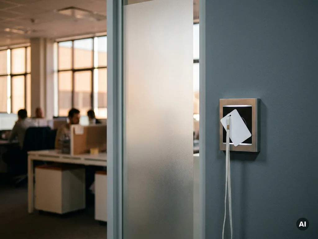 Mitarbeiterausweis an modernem Kartenlesegerät neben Milchglastür, offenes Büro mit warmem Tageslicht im Hintergrund.