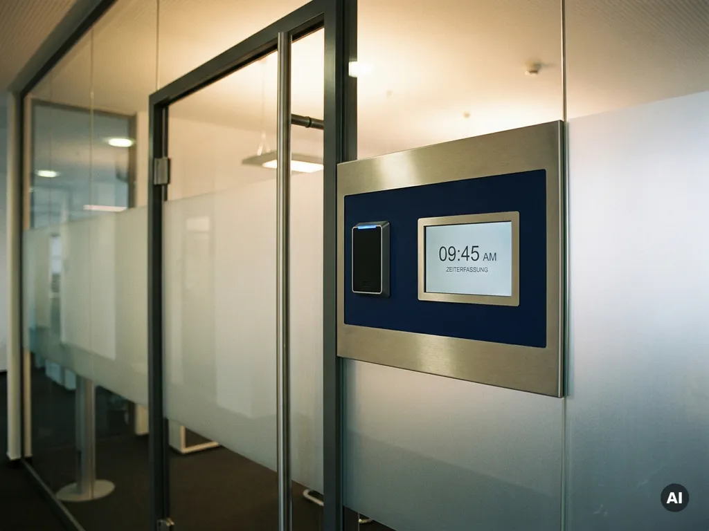 Modernes Zutrittskontrollpanel mit Kartenleser und Zeiterfassungsdisplay neben einer Glastür in einem deutschen Büro.