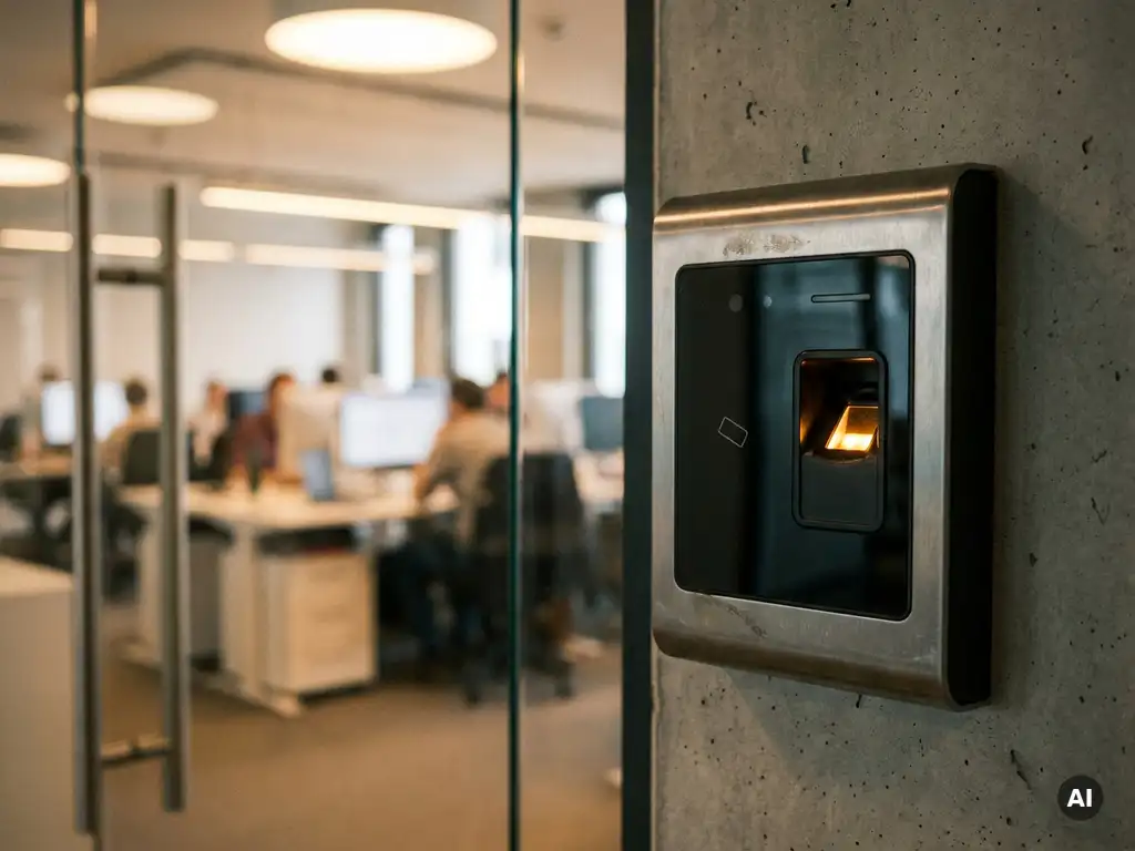 Modernes Zugangskontrollpanel mit Fingerabdruckscanner und Kartenleser neben Glastür eines HR-Büros.