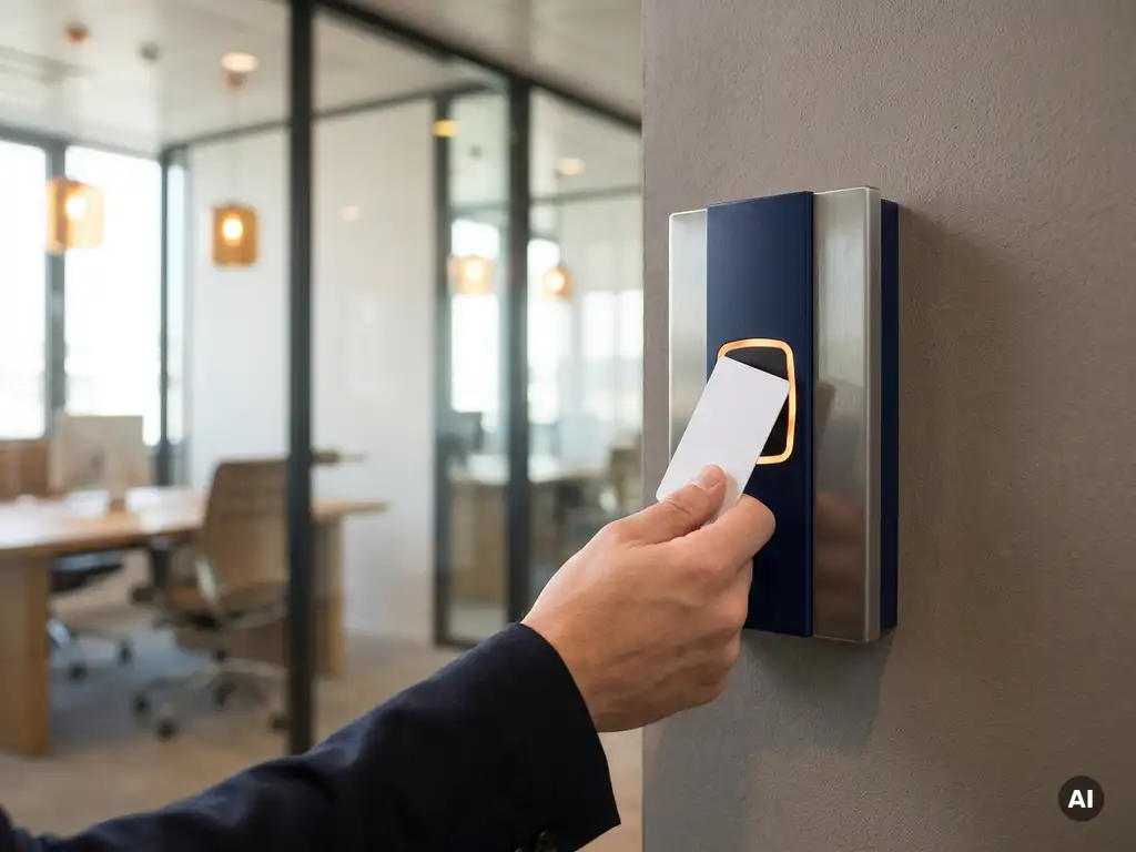 Hand drückt Keycard auf elektronisches Zutrittskontrollpanel in modernem Büro mit Glastrennwänden.