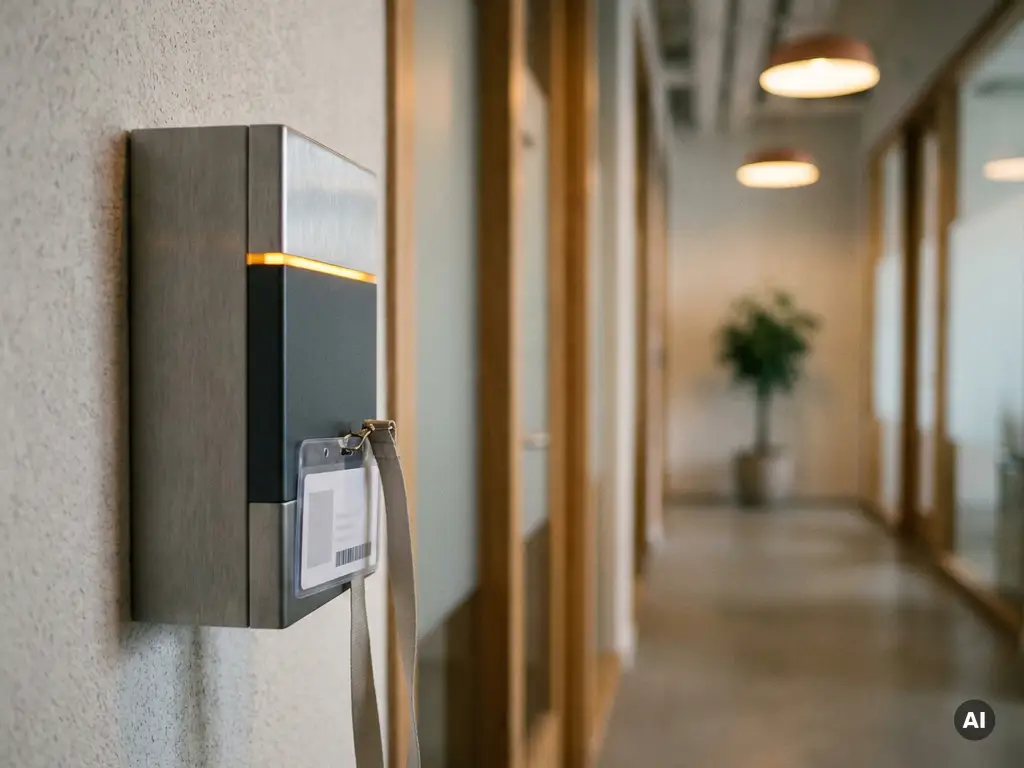 Elektronisches Türzugangspanel mit Kartenleser und Mitarbeiterausweis in einem modernen Büroflur aus gebürstetem Stahl.