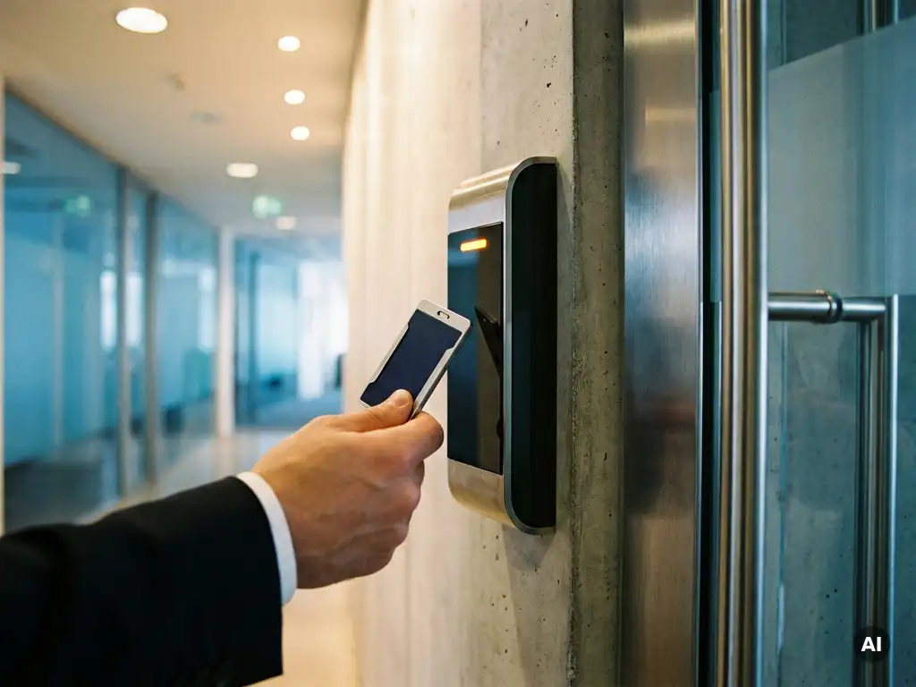 Hand hält einen Ausweis vor einen Kartenleser an einer modernen Glastür im Bürogebäude.