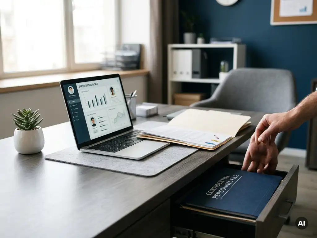 Moderner HR-Schreibtisch mit Laptop und digitaler Personalakte neben einem physischen Ordner im warmen Bürolicht.