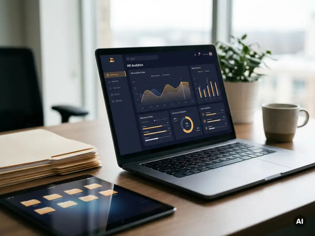 Modernes HR-Dashboard auf einem Laptop neben Papierdokumenten und digitalen Ordnern auf einem Büroschreibtisch im warmen Tageslicht.