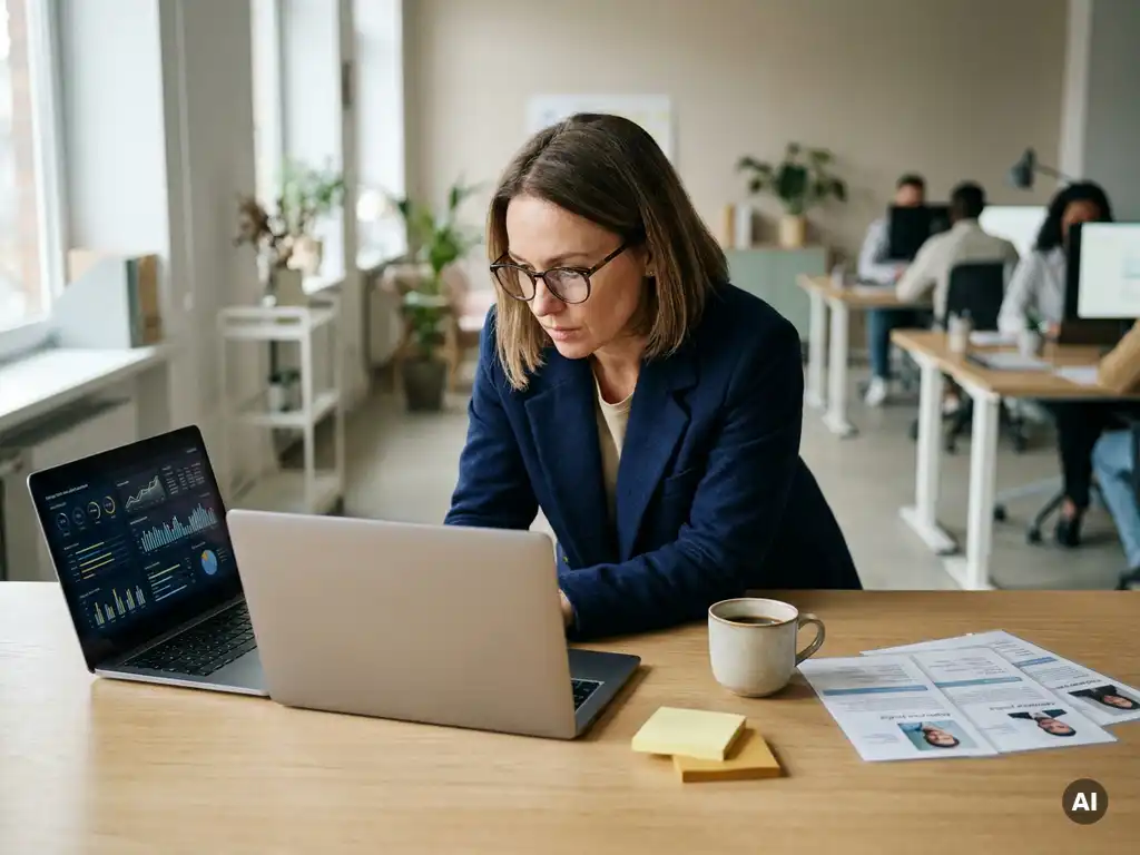 HR-Managerin analysiert Mitarbeiter-Dashboard auf Laptop im modernen Büro mit Haftnotizen und Kaffeetasse.