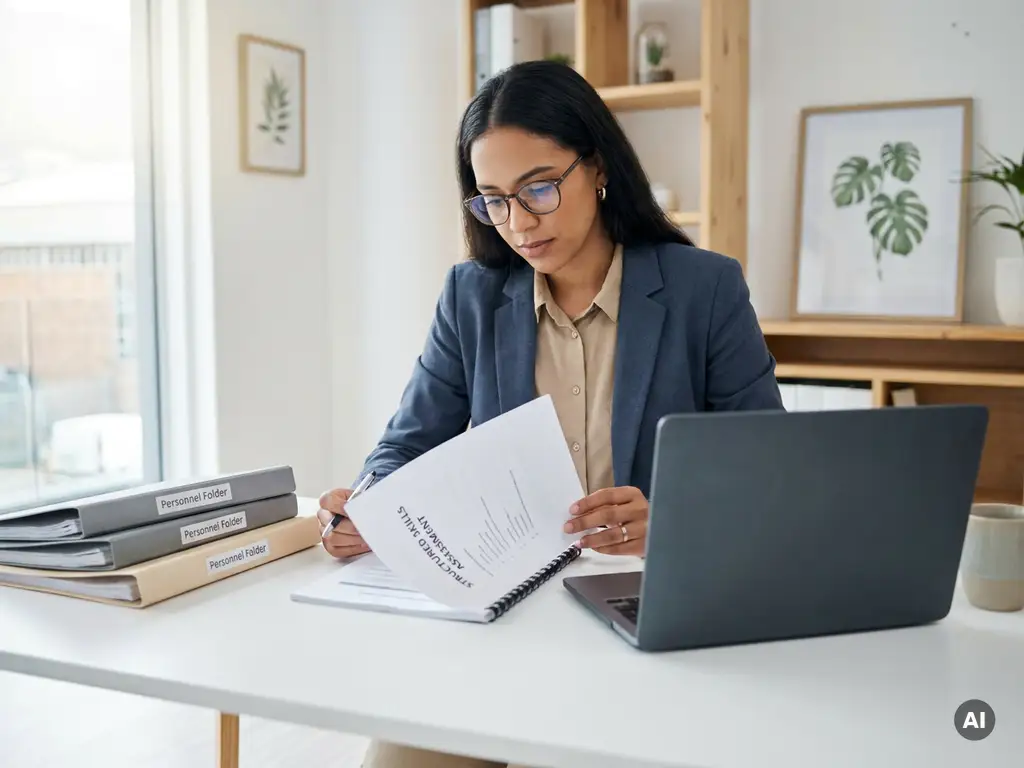 HR-Managerin prüft strukturiertes Kompetenzprofil am modernen Büroschreibtisch, umgeben von Personalakten und Laptop.