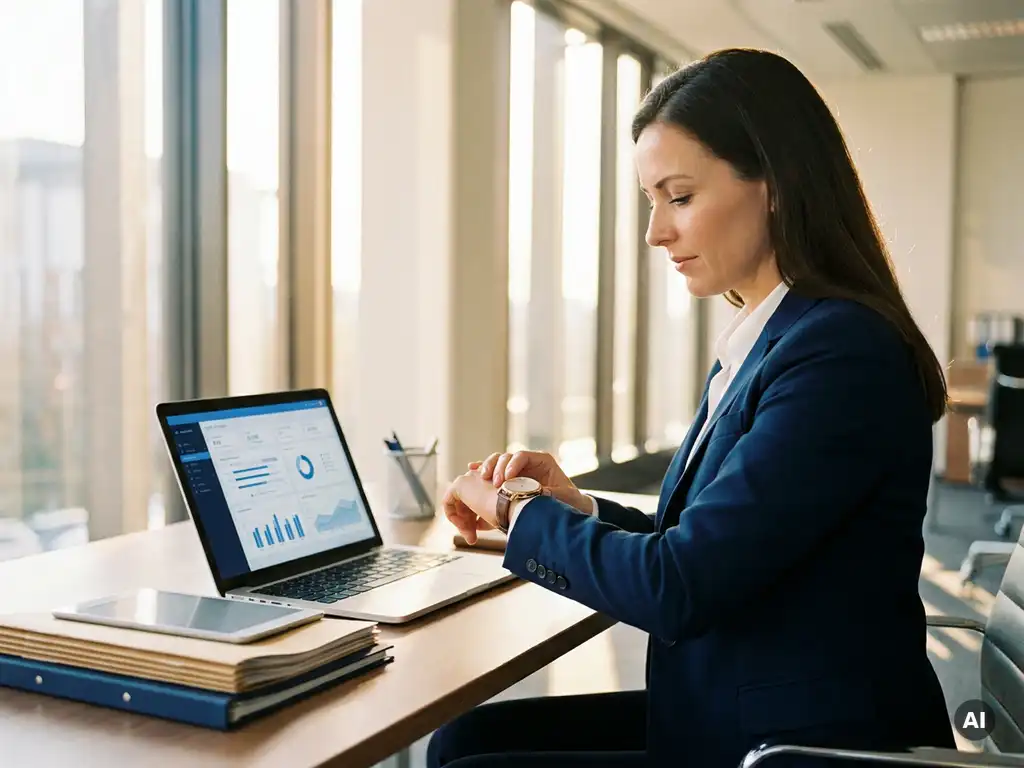 HR-Managerin prüft Armbanduhr neben Laptop mit Dashboard, aufgeräumter Schreibtisch mit Tablet, warmes Bürolicht.