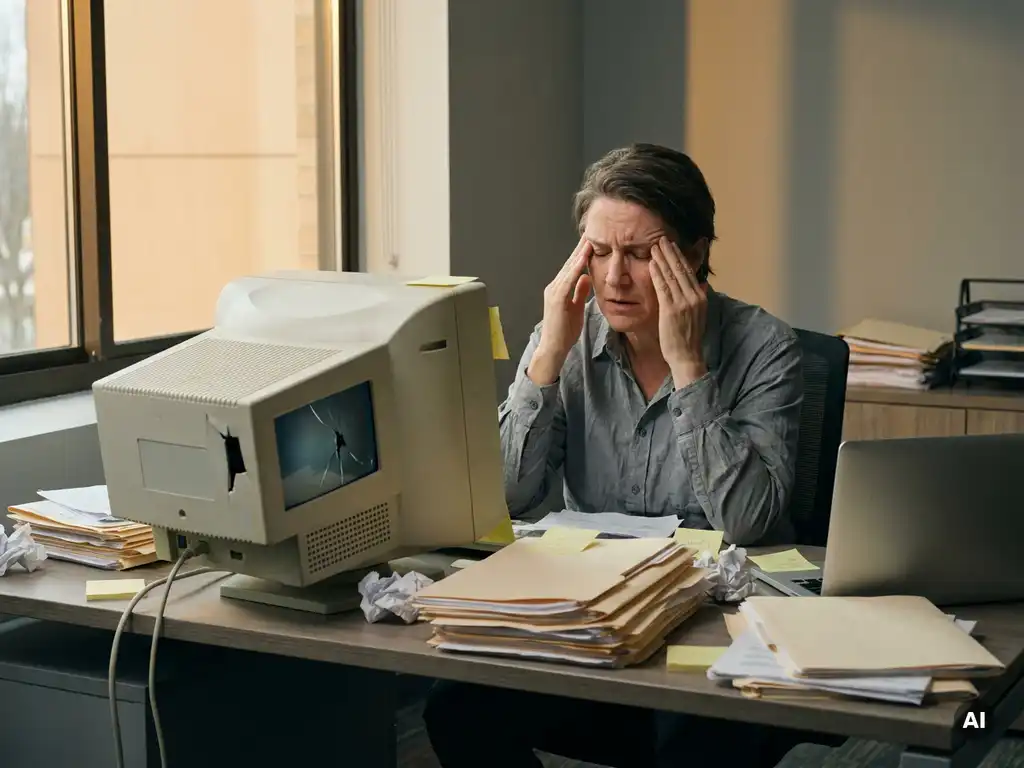 HR-Managerin an überfülltem Schreibtisch mit gestapelten Personalakten, veraltetem Computer und ungenutztem Laptop im warmen Bürolicht.