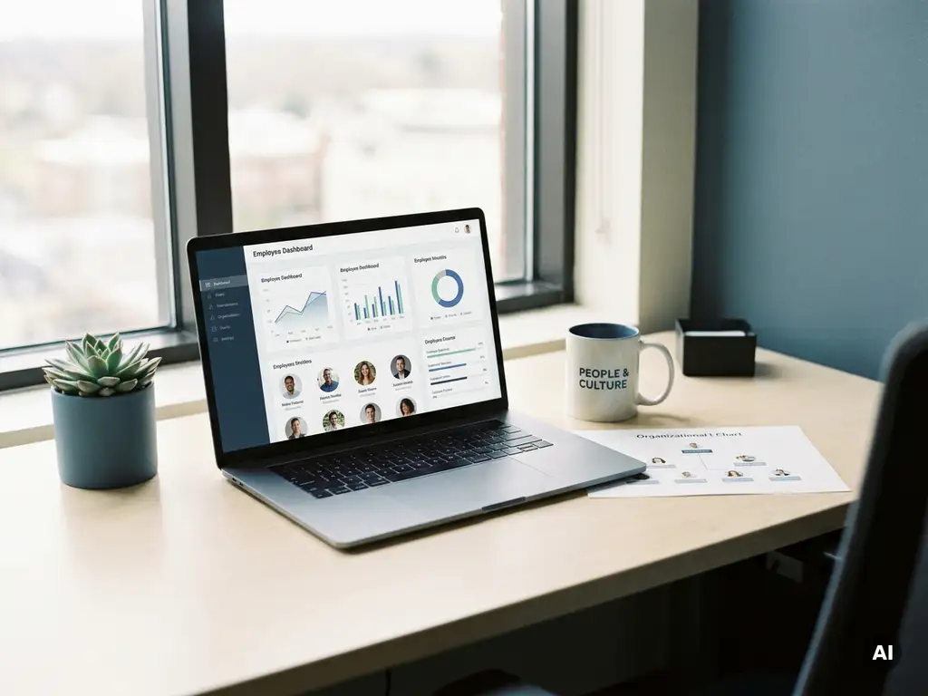Moderner HR-Manager-Schreibtisch mit Laptop, Organigramm-Ausdruck, Kaffeetasse und Topfpflanze im warmen Bürolicht.
