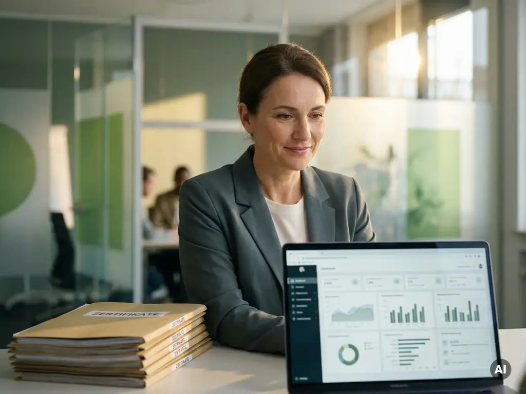 HR-Managerin prüft digitales Schulungs-Dashboard auf Laptop neben Zertifizierungsordnern in modernem Berliner Büro mit Glastrennwänden.