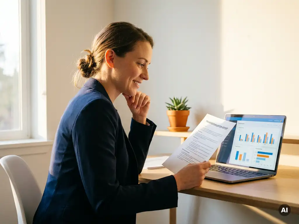 HR-Managerin prüft Schulungsbewertungsbericht am modernen Schreibtisch, Laptop mit Leistungsdiagrammen daneben, warmes Seitenlicht.