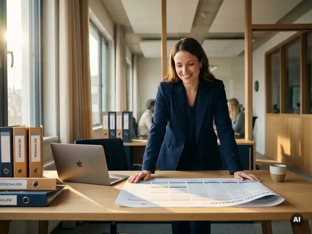 HR-Managerin prüft Karriereentwicklungsplan an modernem Schreibtisch mit Personalakten und Laptop in einem professionellen Mittelstandsbüro.
