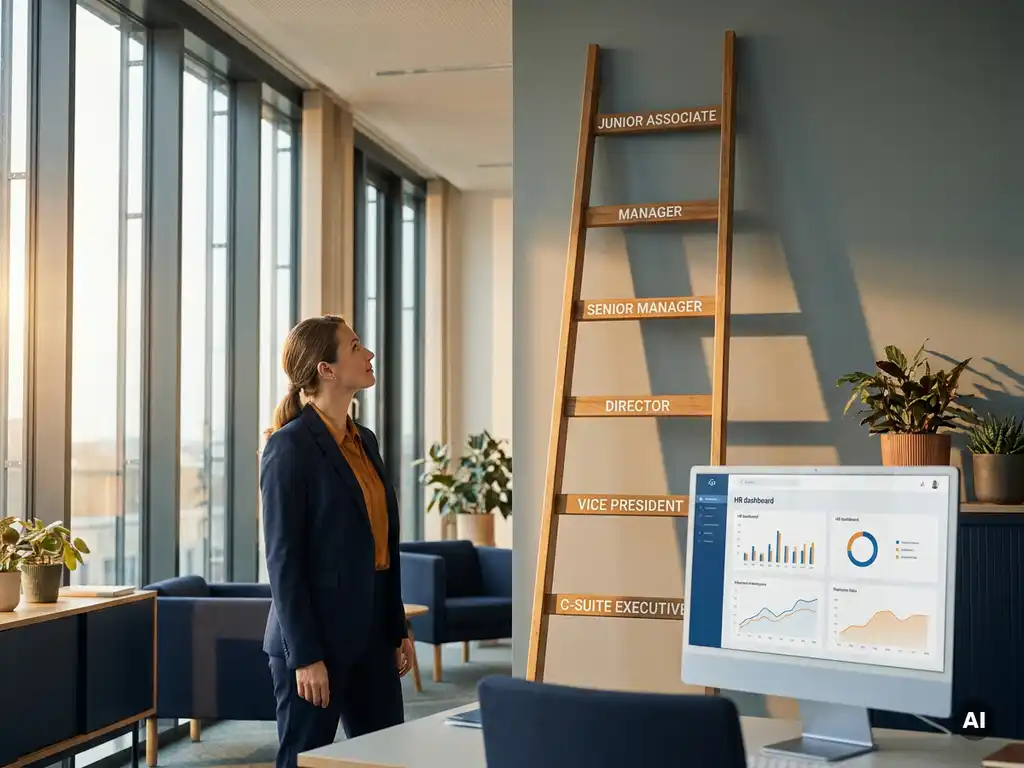 Geschäftsfrau in Business-Attire betrachtet eine Karriereleiter mit Meilensteinen an einer Bürowand, HR-Dashboard im Hintergrund.