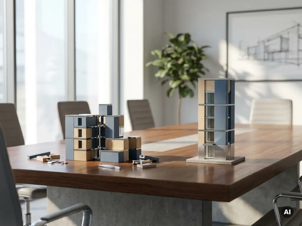 Modulares Baukastensystem auf Konferenztisch neben fertigem Architekturmodell, deutsches Büro, Schiefer- und Sandtöne mit Chromakzenten.