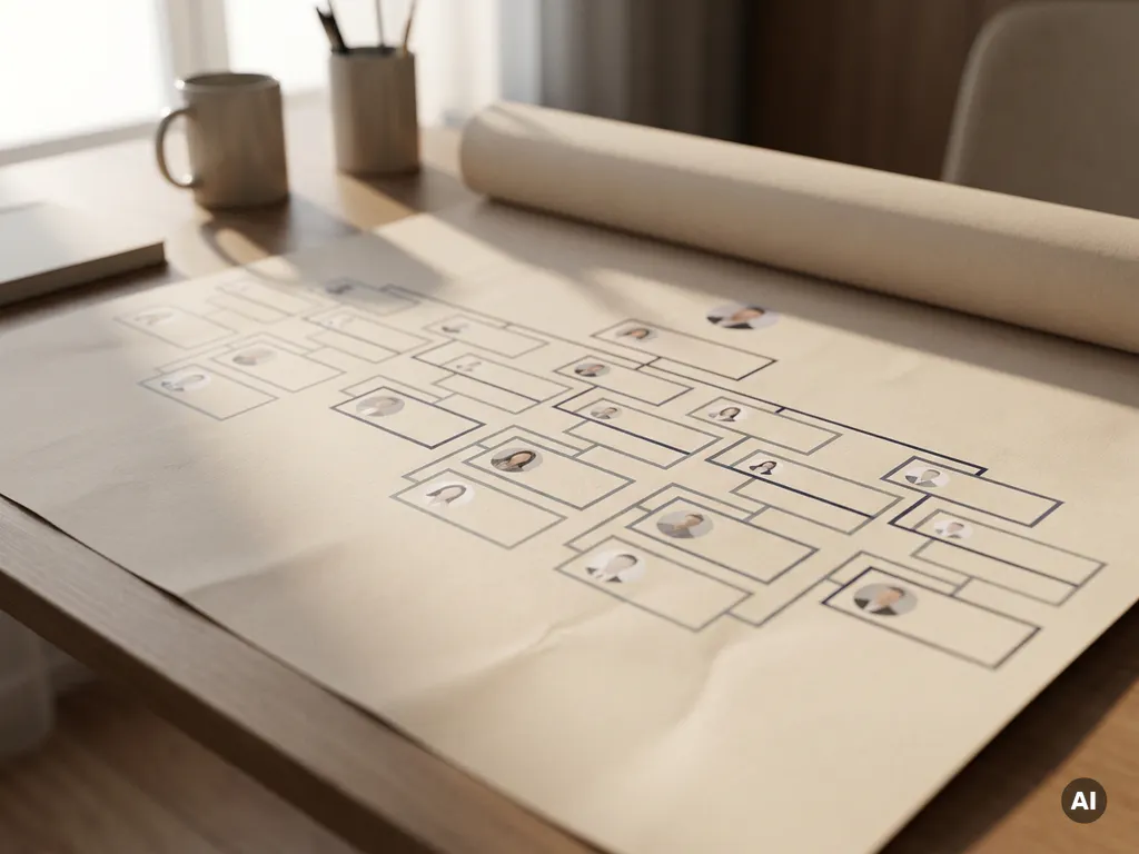 Gedrucktes Organigramm auf mattem Papier mit Porträtplatzhaltern, horizontalen und vertikalen Verbindungslinien, auf modernem Büroschreibtisch.