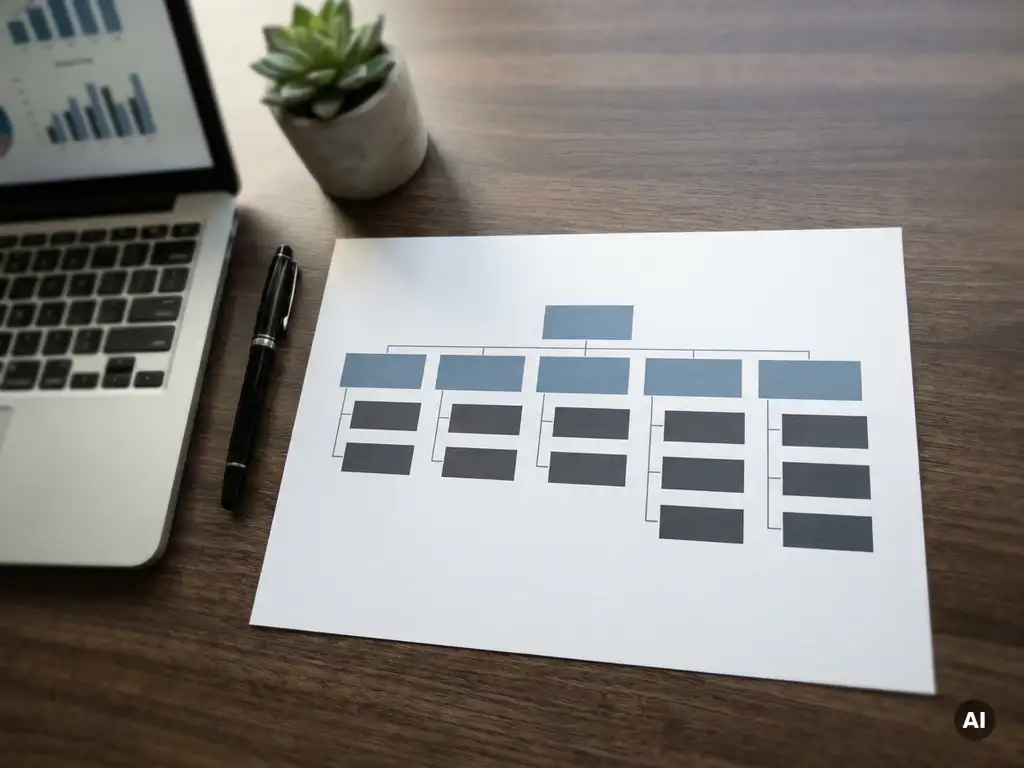 Organigramm auf weißem Papier auf modernem Schreibtisch mit Laptop, Füllfederhalter und kleiner Sukkulente, Draufsicht.