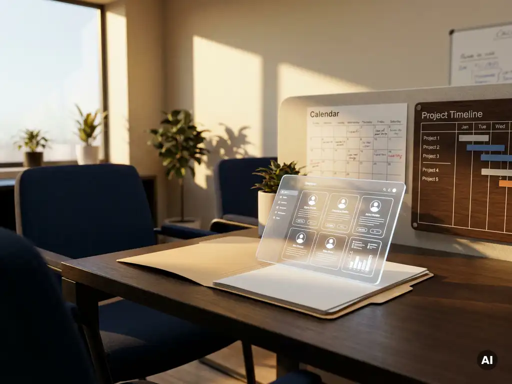 Personalakte auf modernem HR-Schreibtisch verwandelt sich in leuchtendes Tablet mit Mitarbeiterprofilen, Kalender im warmen Abendlicht.