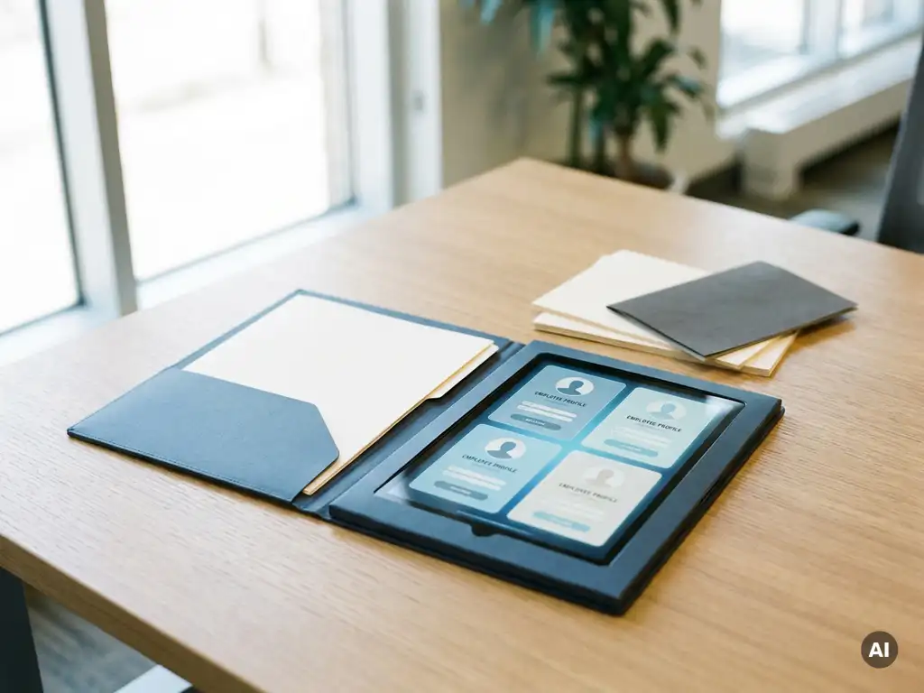Geöffnete Personalakte auf modernem Schreibtisch neben leuchtendem Tablet mit digitalen Mitarbeiterprofilen, Tageslicht, professionelle Atmosphäre.