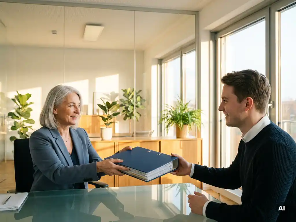 Erfahrene HR-Managerin übergibt Personalakte an jüngere Kollegin über Glastisch in modernem deutschen Büro mit Naturlicht.