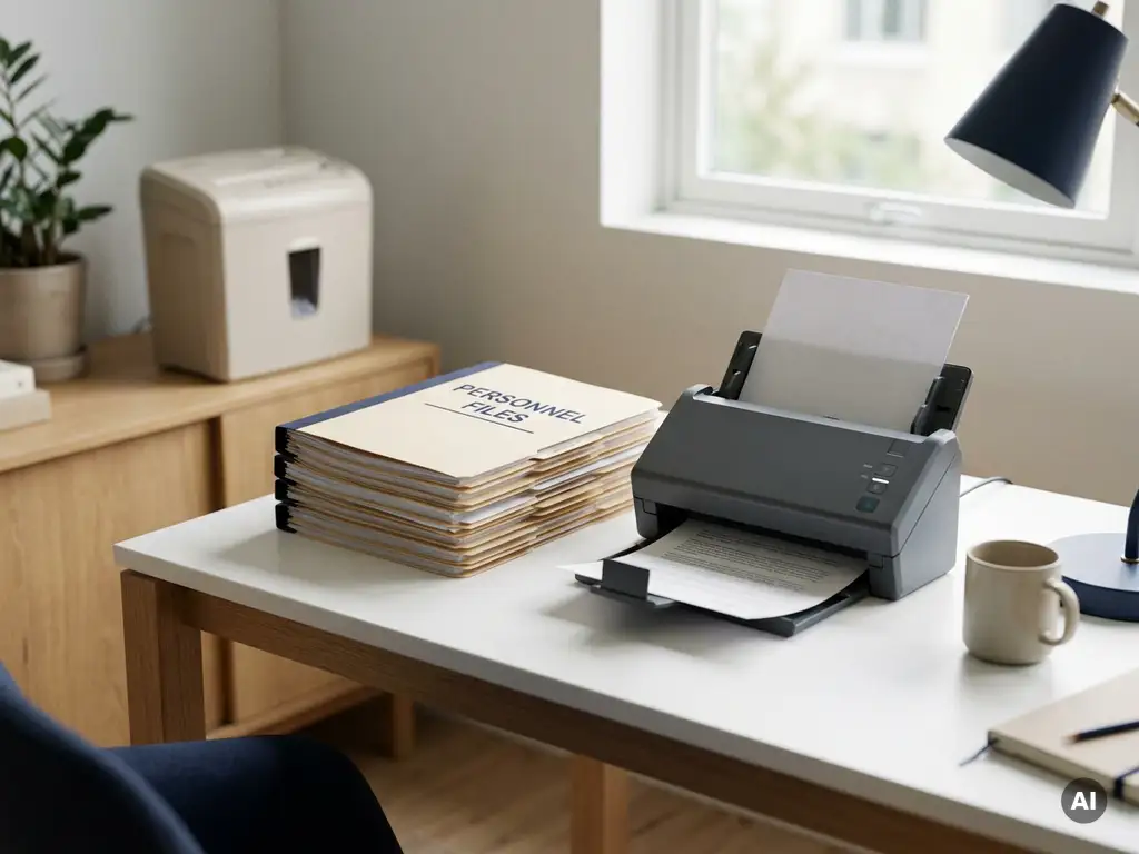 Personalakte wird in modernen Dokumentenscanner eingezogen, daneben Aktenstapel und Aktenvernichter auf aufgeräumtem HR-Schreibtisch.