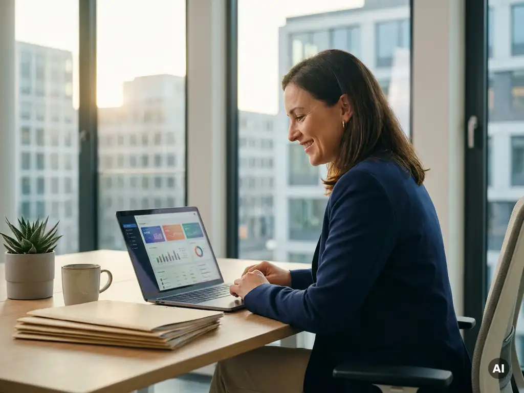 HR-Managerin prüft Mitarbeiterdashboards auf modernem Laptop in hellem deutschem Büro mit Personalakten und Schreibtischpflanze.