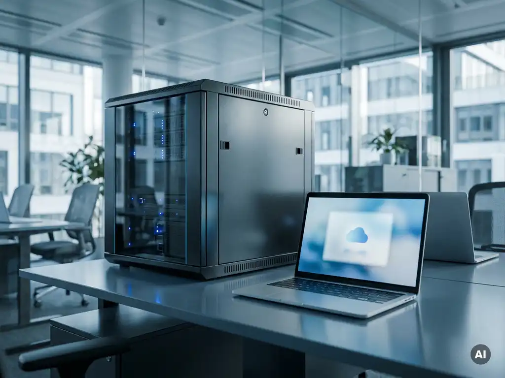 Modernes Server-Rack neben aufgeklapptem Laptop mit Cloud-Interface auf poliertem Schreibtisch in einem Glasbüro.